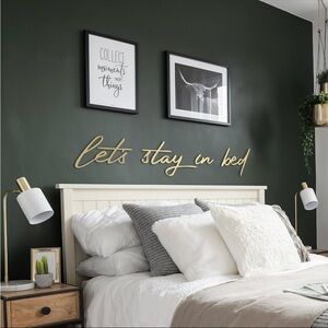 Gold "Lets stay in bed" Script Wall Sign - Decorative Home Wall Decor